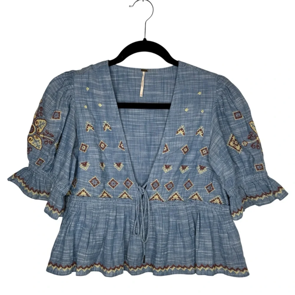 Free People Tallulah Embroidered Blouse crop y2k boho hippie festival western - Picture 5 of 12